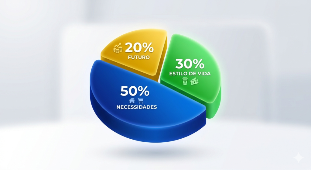 Infográfico sobre a regra 50-30-20 para orçamento de educação financeira.