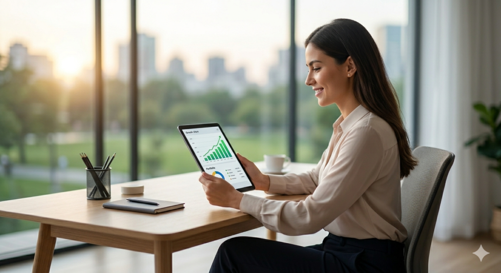 Pessoa planejando investimentos e educação financeira de forma tranquila.